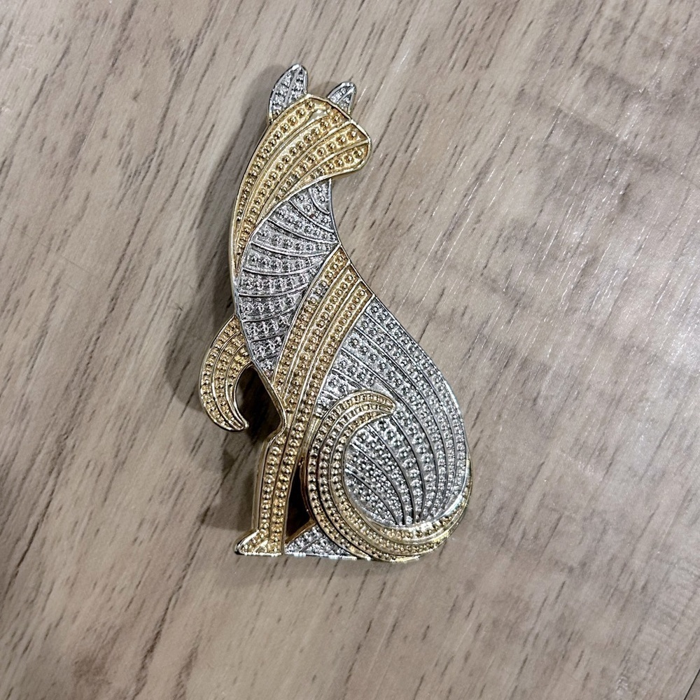 Vintage Two Tone Textured Metal Cat Brooch Gold and Silver Kitty crazy cat lady